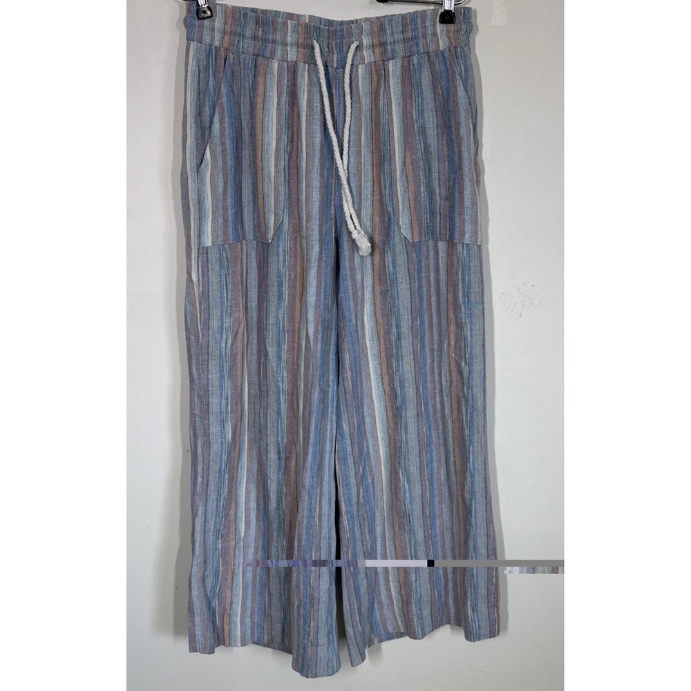 Indigo Rein Wide Leg Cropped Pull On Multicolor Striped Linen Blend Pants Size L